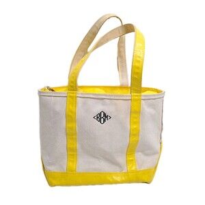 LL Bean Boat Tote Bag Canvas Rare Thermoplastic Trim Zip Monogram 16x10 Yellow